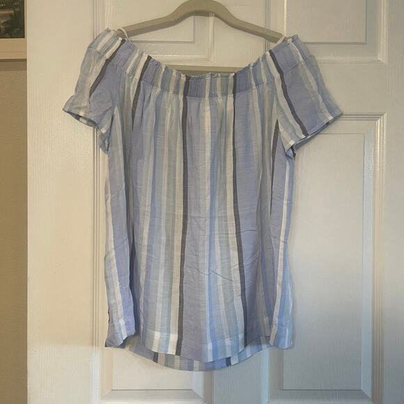 Cloth And Stone Off The Shoulder Top Size Medium Blue And White Short Sleeve - Picture 2 of 13